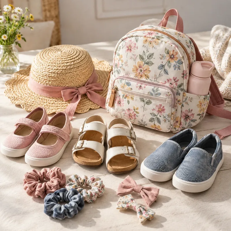 Children’s shoes, sandals, floral backpack, sun hat and fabric hair accessories