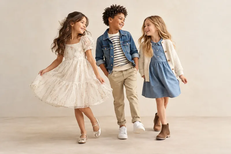 Three children showing a floral dress, denim jacket with trousers, and denim dress with cardigan