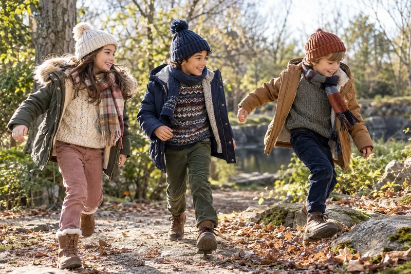 Three children in coats, knit hats and layered outfits walking on an autumn path