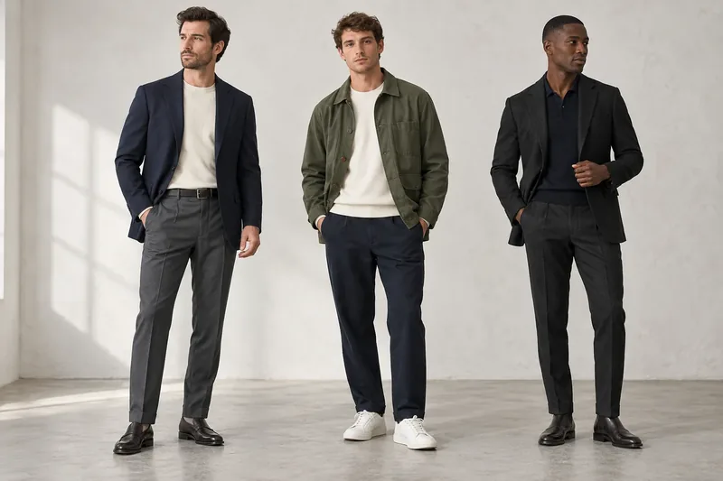 Three coordinated neutral men's outfits